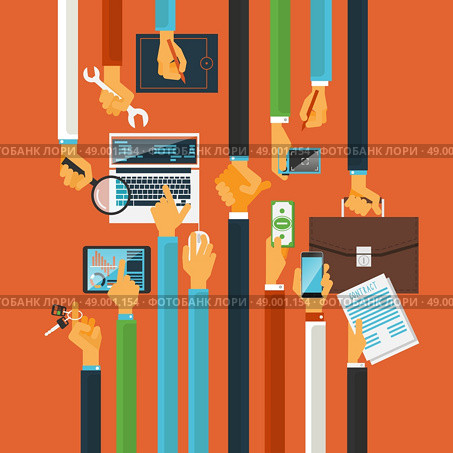 Long hands characters keys to teamwork success production process concept with computers poster flat abstract vector illustration. Long hands production process concept. Стоковая иллюстрация, агентство Ingram Publishing / Фотобанк Лори