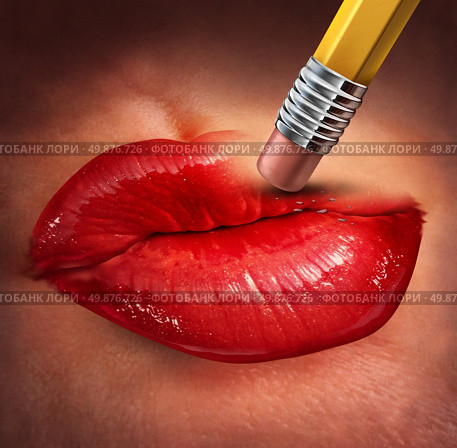 Losing sex drive and loss of sexual desire as a health care concept of human sexuality and relationship challenges with the red lips of a woman that are being erased by a pencil. Стоковое фото, агентство Ingram Publishing / Фотобанк Лори