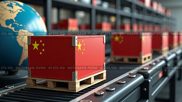 Lots of boxes of Chinese goods on the assembly line and on the shelves of warehouses. Concept of economic expansion. AI generative. Стоковое AI-изображение, AI-художник Роман Дзюбало / Фотобанк Лори