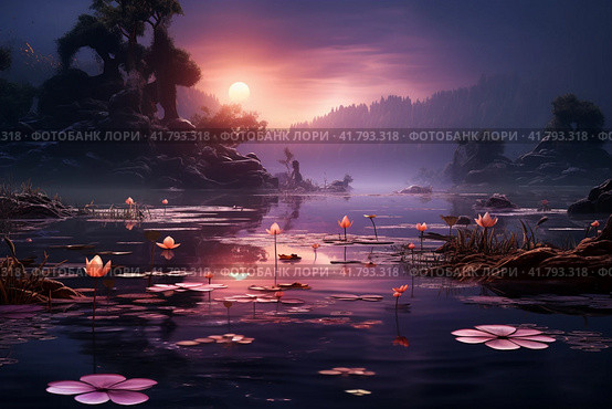 Lotuses on the lake, purple evening sunset light  Generative AI. Стоковое AI-изображение, AI-художник Анна Кривицкая / Фотобанк Лори
