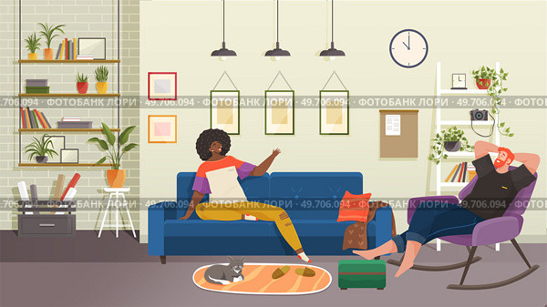 Love couple talking at home. Happy romantic married man and woman sitting in living room interior. Husband and wife in cosy homey apartment, communicating and relaxing. Family relationships. Love couple talking at home. Happy romantic married man and woman sitting in living room interior. Стоковая иллюстрация, агентство Ingram Publishing / Фотобанк Лори
