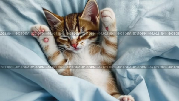 Lovely kitten on sleeping. Tabby kitten sleep curled up on white soft blanket. Cat rest napping on back on bed. Comfortable pets sleep at cozy home. Concept of adorable little pets. Relax domestic pet. Стоковое AI-видео, аниматор Марина Демидюк / Фотобанк Лори