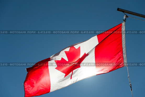 Low angle view of the Canadian flag fluttering, Twillingate, South Twillingate Island, Newfoundland And Labrador, Canada. Стоковое фото, агентство Ingram Publishing / Фотобанк Лори