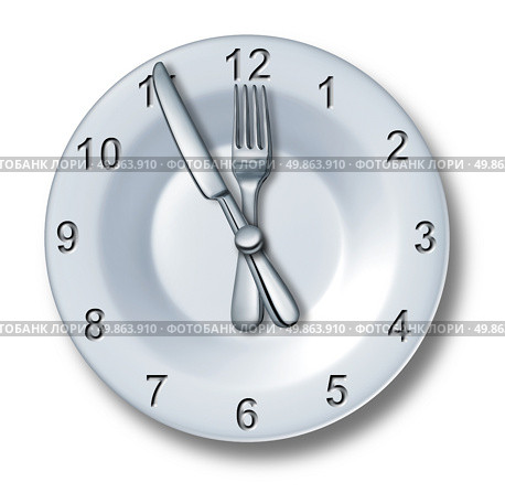 Lunch time dining concept with a fork and knife on a plate in the shape of a clock with numbers as a symbol of eating time or fast food entertainment in the food and drink catering business on a white background. Стоковое фото, агентство Ingram Publishing / Фотобанк Лори
