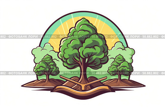 Lush green trees growing on fertile land at sunrise, promoting reforestation and environmental conservation. Стоковое AI-изображение, AI-художник Иван Рябоконь / Фотобанк Лори