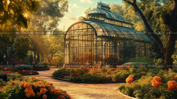 Lush greenery fills a sunlit conservatory with tropical plants and serene water features during a tranquil morning. Стоковое AI-изображение, AI-художник Михаил Коханчиков / Фотобанк Лори
