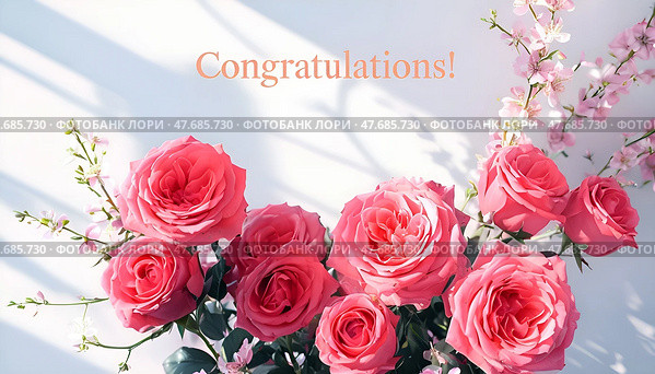 Luxurious bouquet of pink and red roses with spring flowers and congratulatory text for birthday, anniversary or wedding greetings. Стоковое AI-изображение, AI-художник Iva Noel / Фотобанк Лори