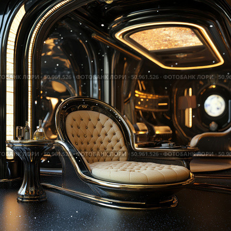 Luxurious futuristic interior with a designer armchair in Art Deco style against the background of elegant outer space. Soft cream-colored upholstery with decorative quilting, gold and black interior elements create an atmosphere of refined comfort of the future. Nearby is an elegant table with bottles, soft lighting, panoramic windows and modern lighting. An ideal image for the themes of luxury, futuristic design, space tourism and modern technologies in the interior. Стоковое AI-изображение, AI-художник Анна Кривицкая / Фотобанк Лори
