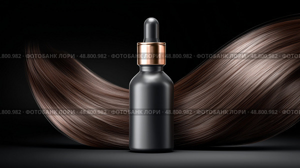 Luxurious hair serum bottle surrounded by swirled hair strands, elegant product mockup. Роскошный флакон сыворотки для волос в окружении закрученных прядей, элегантный макет продукта. Стоковое AI-изображение, AI-художник Katsiaryna Repich / Фотобанк Лори