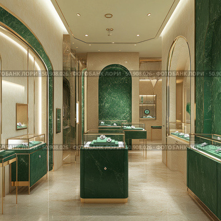 Luxurious interior of a jewelry boutique with emerald green marble finish and gold elements. Showcases with stylish lighting display elegant jewelry. Modern design is combined with classic symmetry and expensive materials, creating an atmosphere of exclusivity and premium service. The image is ideal for use in projects related to jewelry business, interior design, luxury and fashion. Стоковое AI-изображение, AI-художник Анна Кривицкая / Фотобанк Лори
