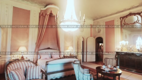 Luxurious large bed ornated with carvings and canopy of embossed fringed fabric in Baroness Rothschild chamber in largest castle of Netherlands De Haar Castle (2022 год). Редакционное видео, видеограф Яков Филимонов / Фотобанк Лори