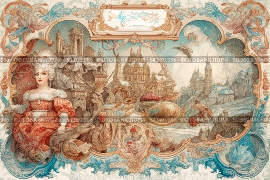 Luxurious vintage illustration in the Baroque style with elements of a fairy-tale landscape. A female figure in a magnificent dress of the 18th century, architecture in the spirit of European palaces and fantastic scenes with mythological characters. A rich ornamental frame, fine detailing and a gentle pastel palette give the image sophistication and a historical atmosphere. Suitable for book design, covers, packaging design and interior printing. Стоковое AI-изображение, AI-художник Анна Кривицкая / Фотобанк Лори