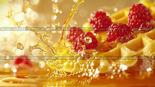 Luxurious waffles with berry syrup and raspberry berry assorted. Copy space. Close up. Стоковое AI-изображение, AI-художник Ярославский Максим / Фотобанк Лори