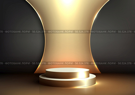 Luxury and elegance with this 3D realistic white and gold showcase podium featuring a golden backdrop on black background. Ideal for presenting your mockup products in a modern and stylish. vector illustrator . Стоковая иллюстрация, агентство Ingram Publishing / Фотобанк Лори