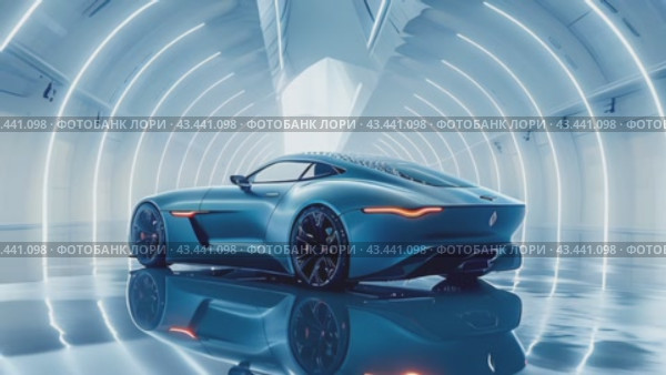 Luxury modern blue car parked at local dealership salon, on the mirror surface of an abstract geometric structure in a high-tech style. Automobiles for sale, rent, car showroom, copy space, ad. Стоковое AI-видео, аниматор Ирина Михайличенко / Фотобанк Лори