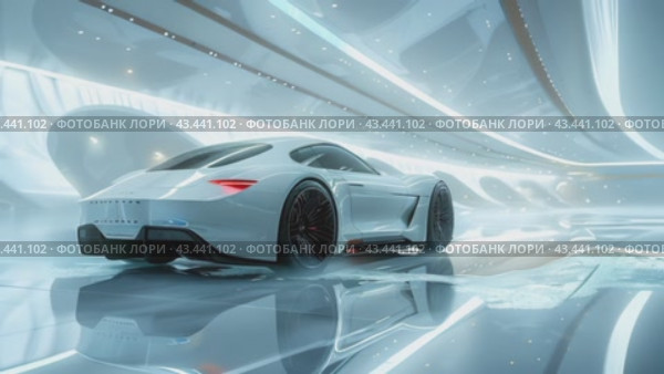 Luxury modern white car parked at local dealership salon, on the mirror surface of an abstract geometric structure in a high-tech style. Automobiles for sale, rent, car showroom, copy space, ad. Стоковое AI-видео, аниматор Ирина Михайличенко / Фотобанк Лори