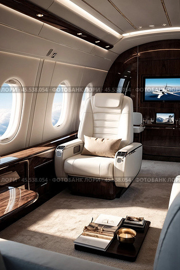 Luxury white interior vip comfortable private jet with laptop on table, at highest. Modern business airplane, perfect decor. Passenger service quality in aviation industry concept. Copy ad text space. Стоковое AI-изображение, AI-художник Aleksandr Golubev / Фотобанк Лори