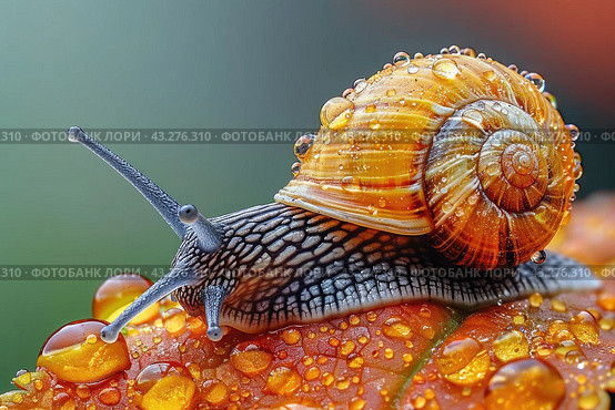 Macro beautiful lovely snail in grass with morning dew. Snail Muller gliding on the wet leaves. Large white mollusk snails with brown striped shell. Стоковое AI-изображение, AI-художник Ирина Михайличенко / Фотобанк Лори