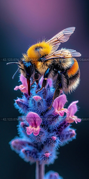 Macro illustration of a honey bee collecting nectar from a blue flower. The beauty of nature. Стоковое AI-изображение, AI-художник Ярославский Максим / Фотобанк Лори