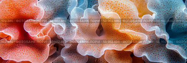 Macro of Orange and Blue Coral Polyps. Стоковое AI-изображение, AI-художник Данила Большаков / Фотобанк Лори