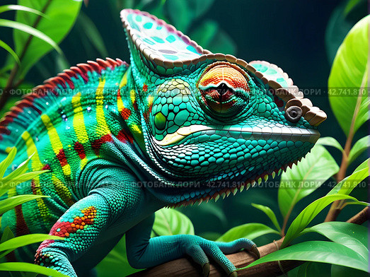 Macro photography multi-colored chameleon. Стоковое AI-изображение, AI-художник Наталья Симакова / Фотобанк Лори