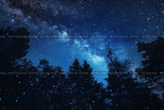 Magical fireflies illuminating night forest under milky way galaxy. Стоковое AI-изображение, AI-художник Иван Рябоконь / Фотобанк Лори