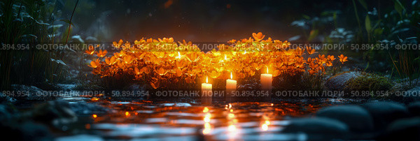 Magical floral shrine by the water Concept: Serene candlelight, Purpose: Meditative backdrop or remembrance. Стоковое AI-изображение, AI-художник Данила Большаков / Фотобанк Лори