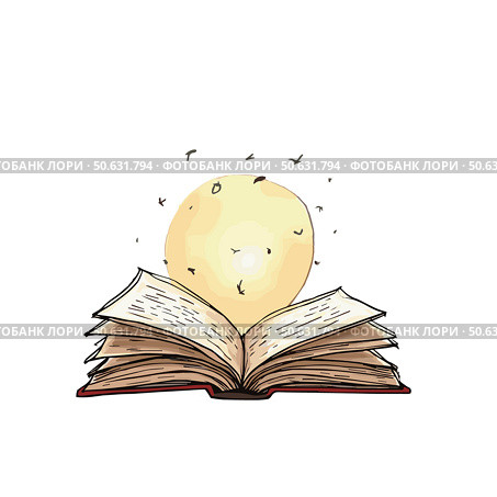 Magical open book with glowing orb and flying pages, Isolated on white background. Стоковое AI-изображение, AI-художник Елена Скрипкина / Фотобанк Лори