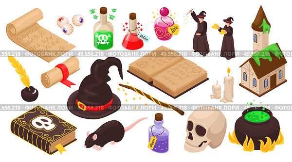 Magical set of magicians stuff for witchcraft magic potion ancient manuscripts skull isolated icons isometric vector illustration. Стоковая иллюстрация, агентство Ingram Publishing / Фотобанк Лори