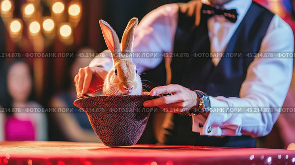 Magician performing classic rabbit from hat trick on stage. Стоковое AI-изображение, AI-художник Юрий Поздников / Фотобанк Лори