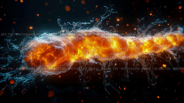 Magmatic Energy: A torrent of incandescent lava intertwines with crystalline streams in an otherworldly cosmic dance. Стоковое AI-изображение, AI-художник Данила Большаков / Фотобанк Лори
