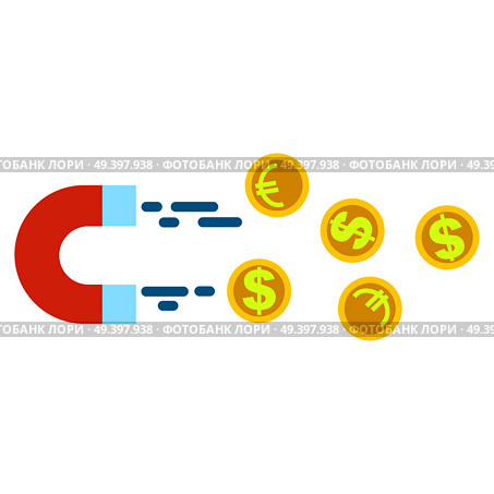 Magnet attracting euro coins and dollar coins isolated on white. Successful business like lodestone dragging lot of money. Vector business illustration with golden coins and magnet in cartoon style.. Magnet Attracting Euro Coins and Dollar Money. Стоковая иллюстрация, агентство Ingram Publishing / Фотобанк Лори