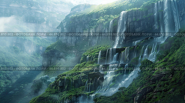Magnificent Waterfall Cascading Down Rocky Cliff, Creating Misty Cloud In The Air. Стоковое AI-изображение, AI-художник Ярославский Максим / Фотобанк Лори