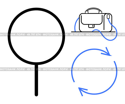 Magnifying glass, briefcase, and circular arrows representing analysis, work, and continuous process. Ideal for business analysis, office work, productivity, workflow, professional tools, educational. Magnifying Glass, Briefcase, and Circular Arrows Illustrating Analysis, Work, and Workflow Concepts. Стоковая иллюстрация, агентство Ingram Publishing / Фотобанк Лори