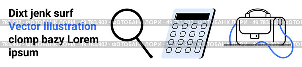 Magnifying glass, calculator, and handbag in minimalist design with text placeholder. Ideal for business, finance, education, shopping, online stores, search engines, corporate presentations. Landing. Magnifying Glass, Calculator, and Handbag Icons with Sample Text in Black and Blue. Стоковая иллюстрация, агентство Ingram Publishing / Фотобанк Лори