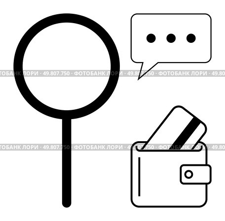 Magnifying glass, speech bubble with ellipsis and wallet with card. Ideal for financial analysis, online communication, payment systems, financial security, customer service, information search. Magnifying Glass, Speech Bubble, and Wallet with Card Representing Analysis, Communication, and Finance. Стоковая иллюстрация, агентство Ingram Publishing / Фотобанк Лори