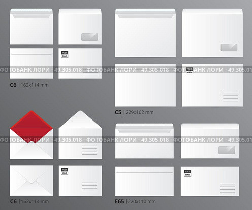 Mail Envelopes Postal Set. Paper office template set of realistic mail envelopes sorted by letter size with appropriate text captions vector illustration. Стоковая иллюстрация, агентство Ingram Publishing / Фотобанк Лори