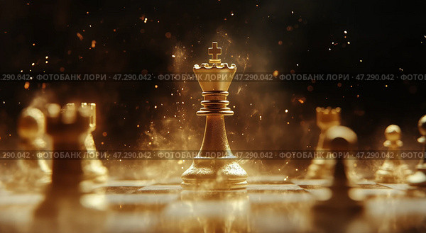 Majestic Golden Chess King Standing Strategically on a Dimly Lit Chessboard Surrounded by Pieces. Стоковое AI-изображение, AI-художник Юлия Гапеенко / Фотобанк Лори