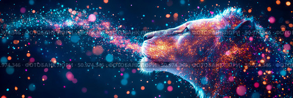 Majestic Lion Exhaling Stardust: A Digital Art Creation. Стоковое AI-изображение, AI-художник Данила Большаков / Фотобанк Лори