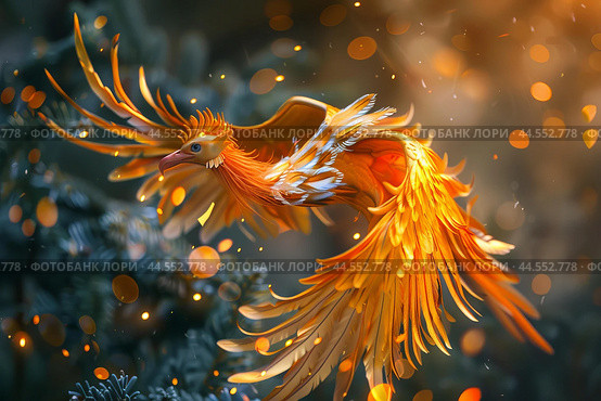 Majestic phoenix in flight amidst twinkling lights. Стоковое AI-изображение, AI-художник Иван Рябоконь / Фотобанк Лори