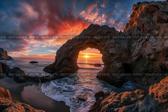 Majestic sunset at sea arch cove. Стоковое AI-изображение, AI-художник Иван Рябоконь / Фотобанк Лори