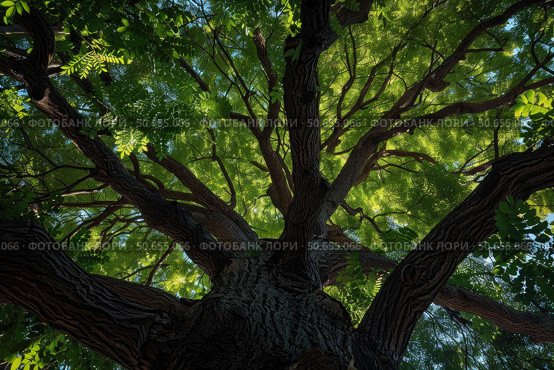 Majestic tree canopy stretching towards the sky on a sunny day. Стоковое AI-изображение, AI-художник Иван Рябоконь / Фотобанк Лори