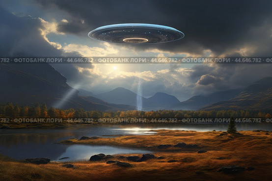 Majestic ufo sighting over serene landscape. Стоковое AI-изображение, AI-художник Иван Рябоконь / Фотобанк Лори