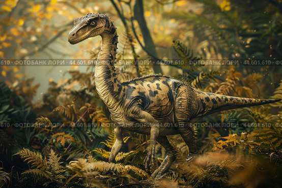 Majestic velociraptor in prehistoric jungle. Стоковое AI-изображение, AI-художник Иван Рябоконь / Фотобанк Лори