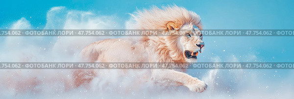 Majestic White Lion's Power: Unleashed in a Cloud of Mystery and Strength. Стоковое AI-изображение, AI-художник Данила Большаков / Фотобанк Лори