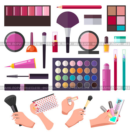 Makeup collection, different tools or instruments for visagiste, cosmetics, female hands with brush, cosmetic bag, lipstick, shadows palette, lipgloss, powder, pencils, mascara, nail polish cream jar. Makeup set, different tools or instruments for visagiste, female hands with cosmetics equipment. Стоковая иллюстрация, агентство Ingram Publishing / Фотобанк Лори