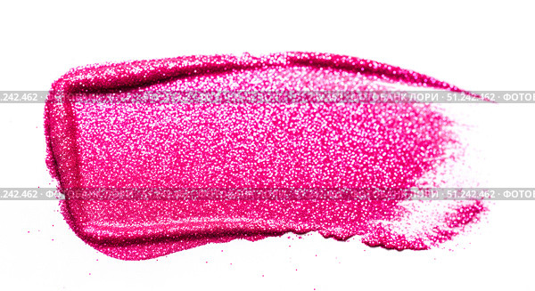Makeup swatch of pink lip gloss with glitter on white background, abstract cosmetic texture of shiny shimmering lipstick or eyeshadow for beauty product concept. Стоковое AI-изображение, AI-художник Павел Муравьев / Фотобанк Лори
