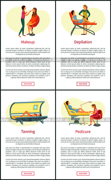 Makeup visagiste and tanning, posters set with text and clients relaxing vector. Beauty procedures, depilation and pedicure service by pedicurist. Makeup Visagiste and Tanning Posters Set Vector. Стоковая иллюстрация, агентство Ingram Publishing / Фотобанк Лори