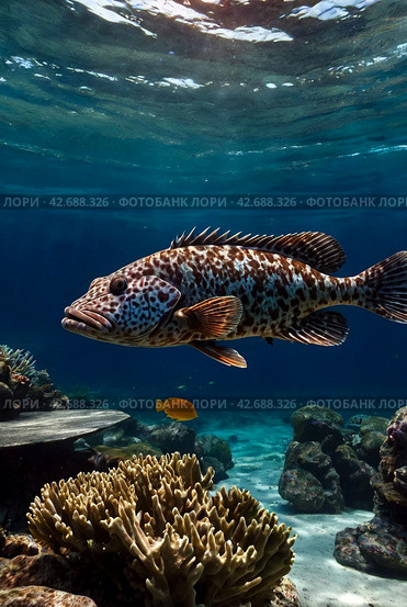 Malabar grouper swimming in tropical underwaters. Grouper in underwater world. Observation of animal world. Scuba diving adventure in South Africa coast of RSA. Стоковое AI-изображение, AI-художник Aleksandr Golubev / Фотобанк Лори