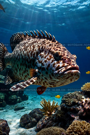 Malabar grouper swimming in tropical underwaters. Grouper in underwater world. Observation of animal world. Scuba diving adventure in South Africa coast of RSA. Стоковое AI-изображение, AI-художник Aleksandr Golubev / Фотобанк Лори
